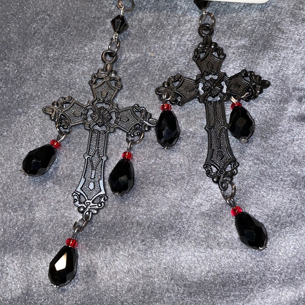 Beautiful Black Deco Art Cross w/Dangles Pierced Earrings